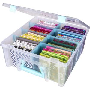 ArtBin 6990AB Super Satchel Double Deep Compartment Box – Art Storage with 8 Removable Compartments, Smart Closure for Craft Supplies (Gold- Pack of 1)(Clear & Aqua)